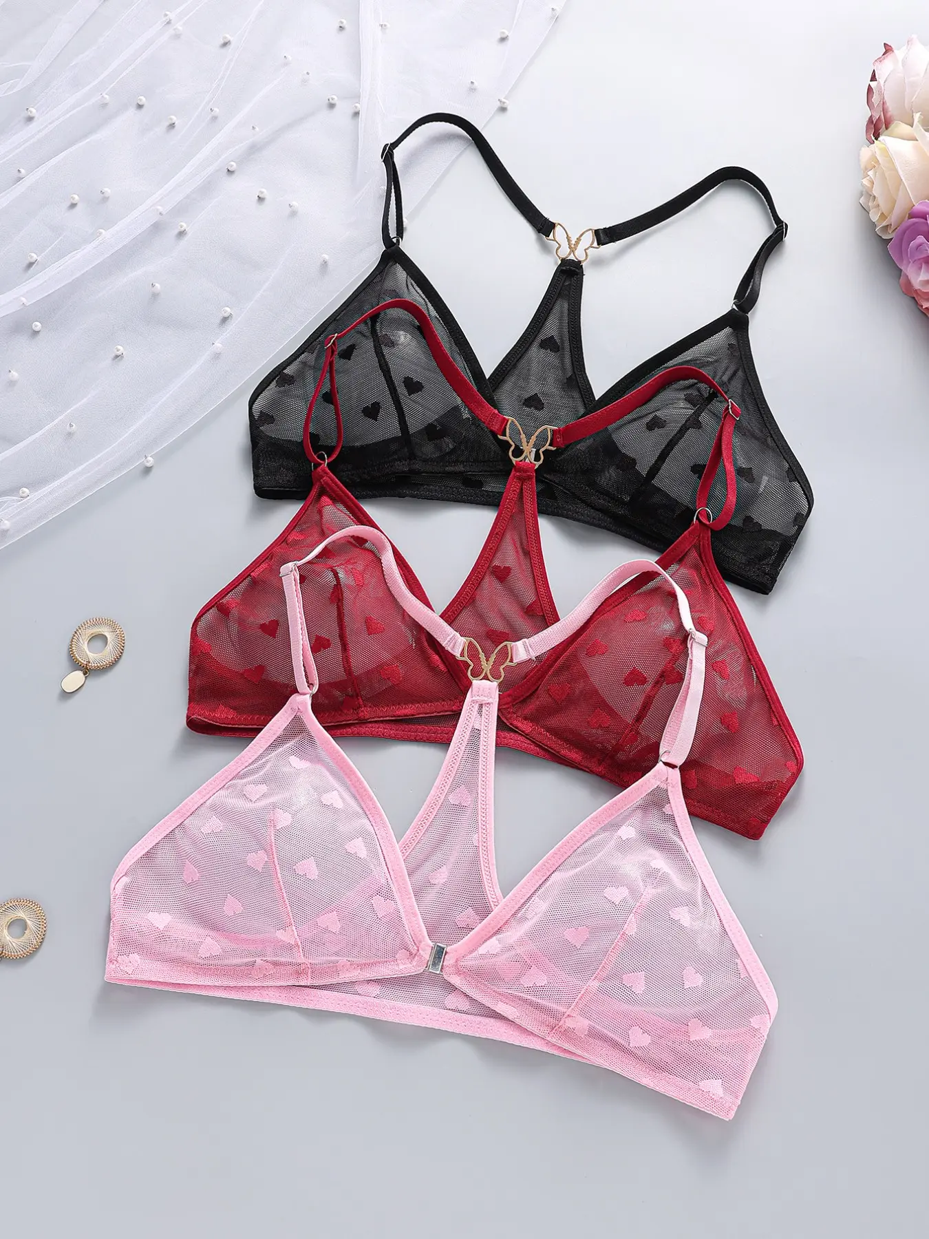Women's Transparent Sheer Heart Mesh Bra Lingerie, Fashion Bra, 3-Pack, Back Butterfly Buckle, Sexy Seamless Design, Ideal for Daily Wear & Date Nights