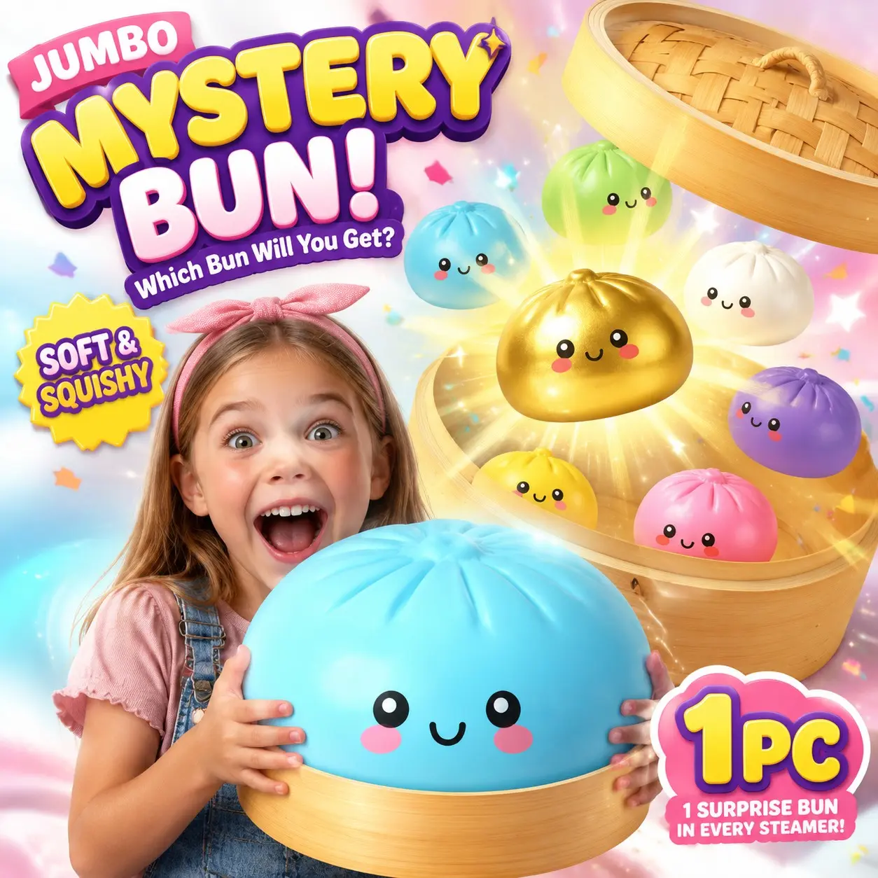 10.6in Giant Dumpling Blind Box Squishy, Slow Rising TPR Stress Relief Fidget Toy, Random Design for Teens Adults Unboxing Hobby