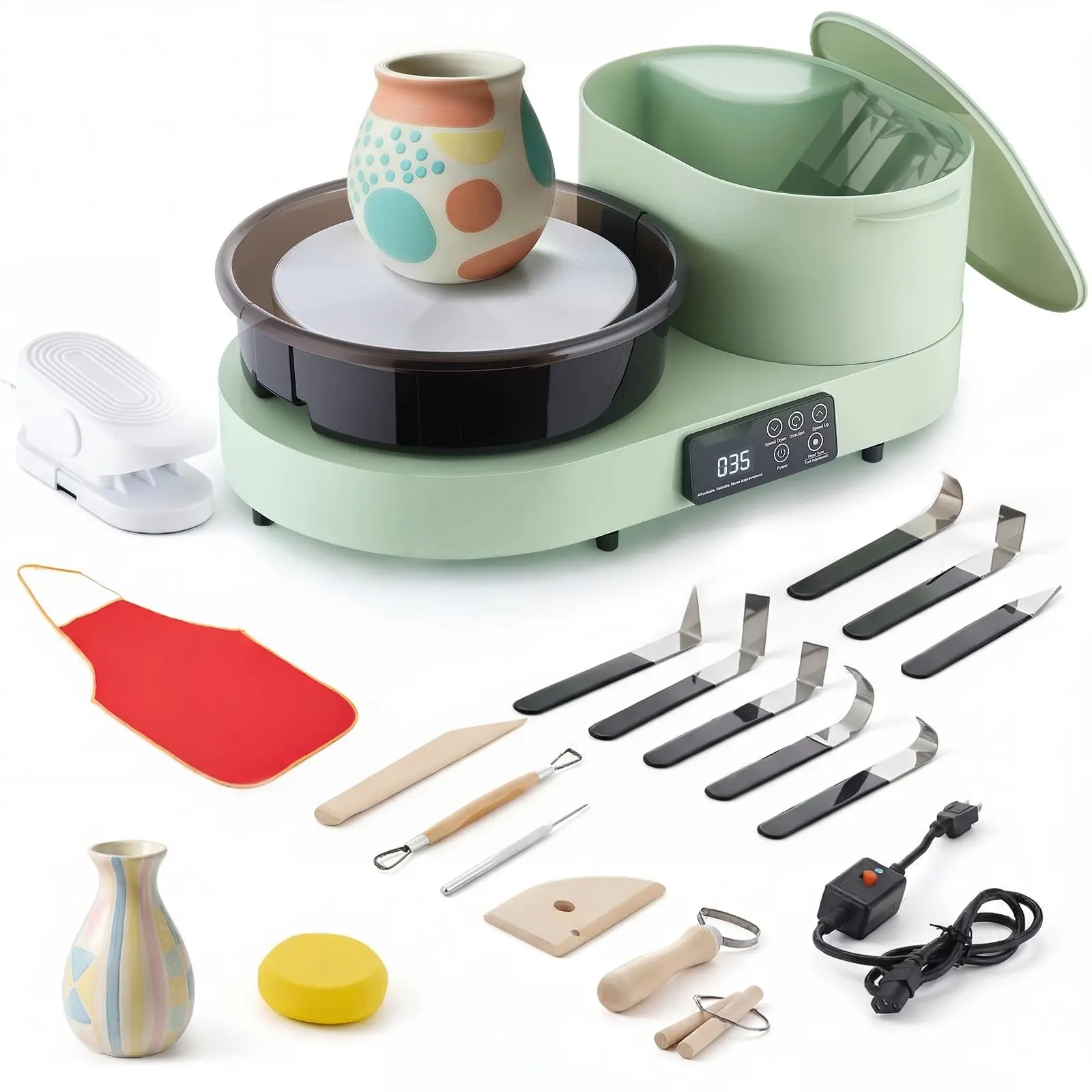 11-Inch Aluminum Turntable Electric Table-Top Pottery Wheel for Adults & Beginners, 450W with Foot Pedal, 30-300 RPM Adjustable Speed, Aluminum Body, Ideal for Couples, Friends, DIY Clay Art Craft, Includes Apron, Green
