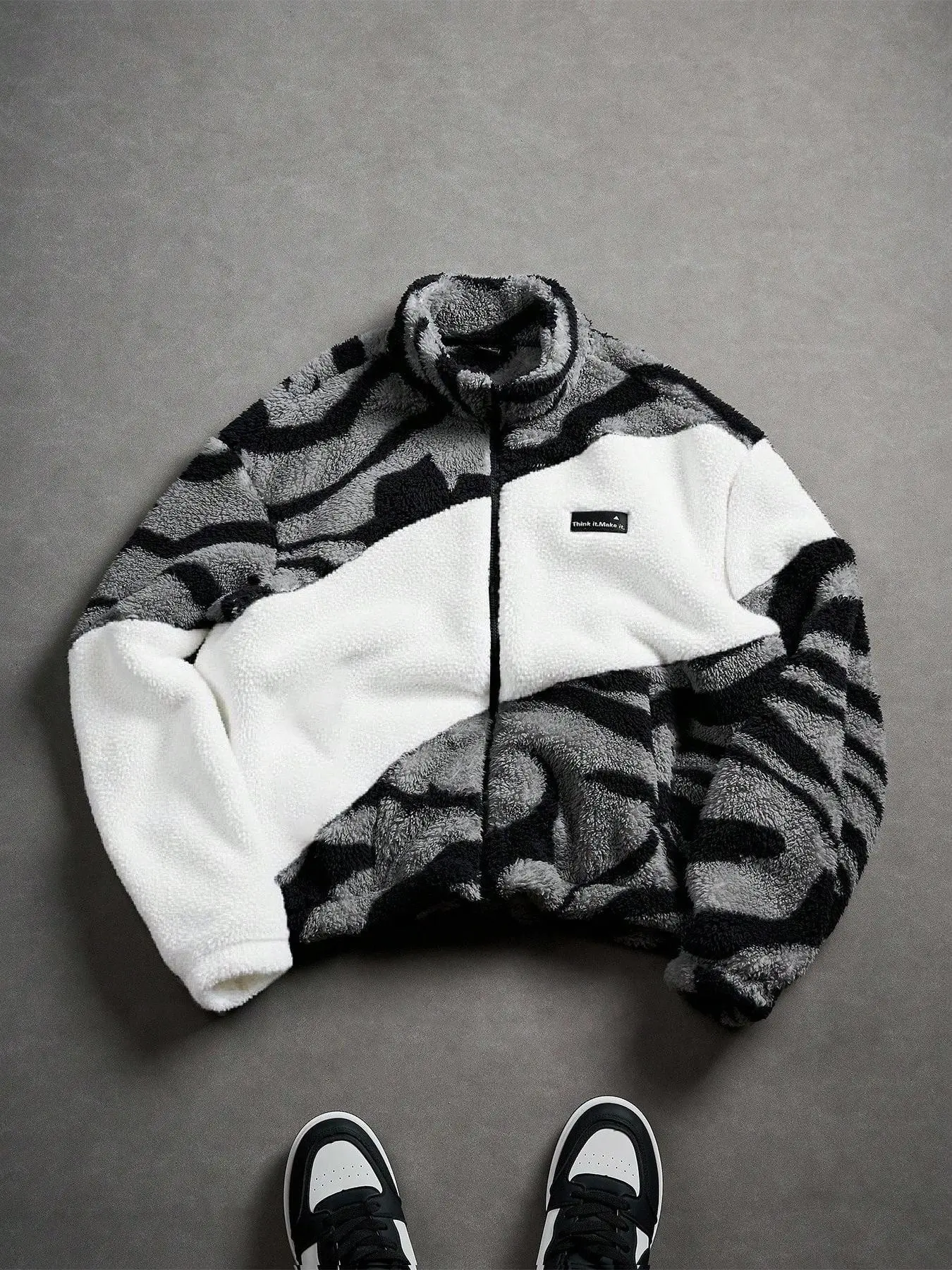 Men's patchwork zebra print fleece zip-up jacket, soft and warm furry jacket, perfect for street style, skate parks, campus, and everyday commuting.