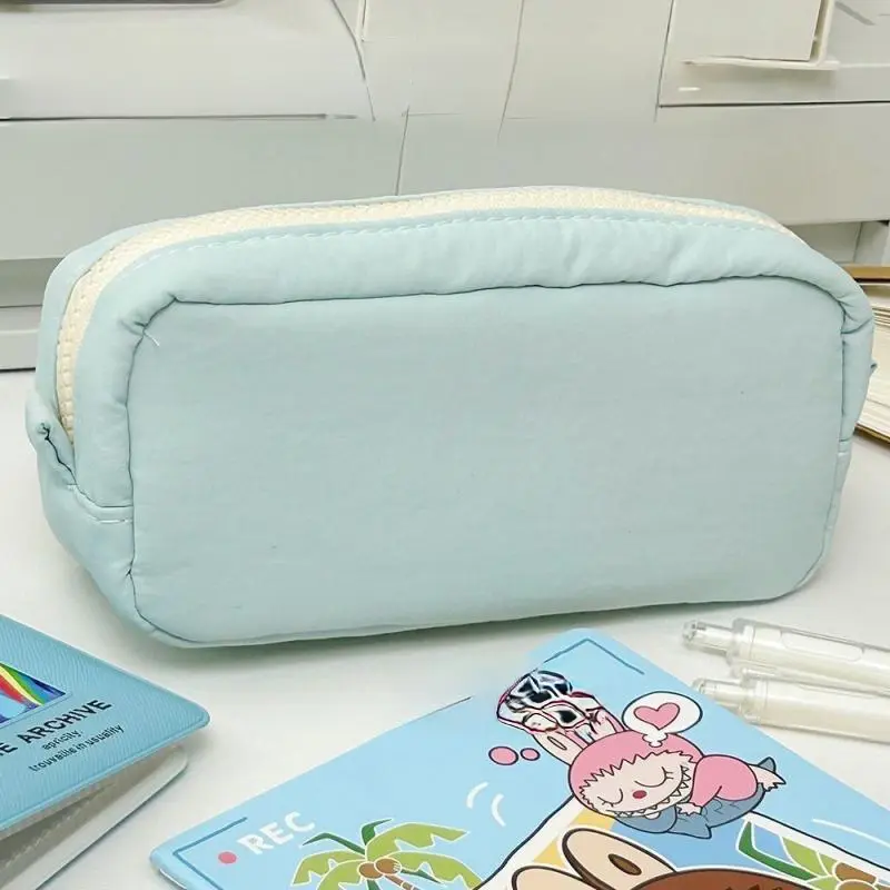 Quilted Fabric Pencil Case - Large Capacity Soft Puffy Stationery Hold with Zipper, Mesh Pocket, Simple Solid Color Storage Bag for School Students, 5 Multiple Colors Available, College School Supplies