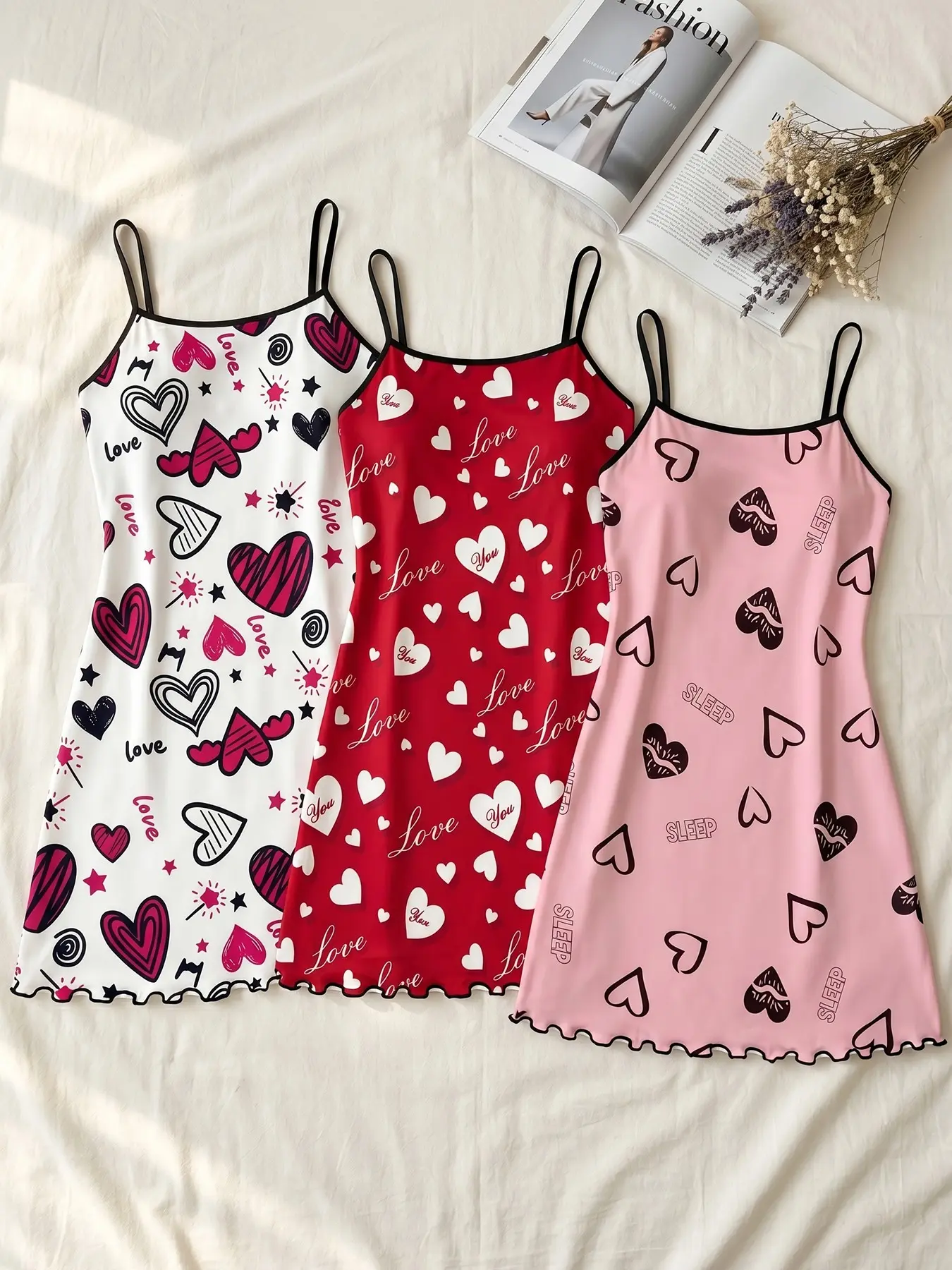 Women's 3 Pack Cami Nightgown Set, All Seasons Wearable, Solid Red Pink Heart Pattern, Thin Black Trim, Korean Soft Lazy Style, Loose Fit for Couple Nights & Tea Time