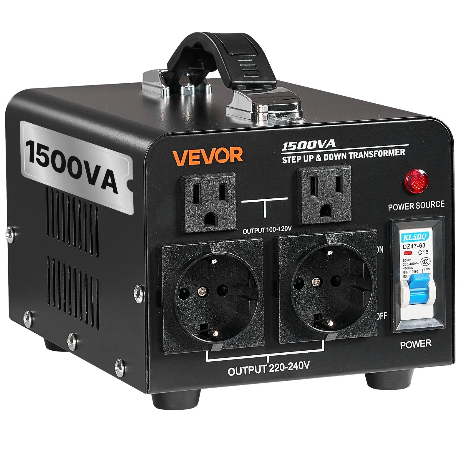 【DealsForYouDays】VEVOR Voltage Converter Transformer, 1500VA, Heavy Duty Step Up/Down Power Transformer, Convert from 110V to 220V and 220V to 110V, with US Outlets, EU Outlets, Power Cord, Circuit Breaker Protection