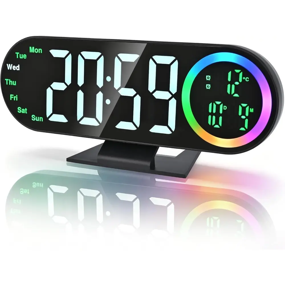 Mirror LED Digital Alarm Clock with Color Night Light, 4 Levels Adjustable Brightness, 3 Alarms for Heavy Sleepers, Large Display Clock Shows Time 12/24H Date Week Temperature, 6 Solid & 6 Gradient Ambient Lights for Bedroom Desk Living Room