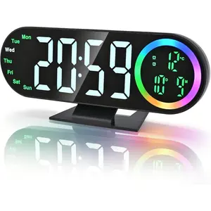 Mirror LED Digital Alarm Clock with Color Night Light, 4 Levels Adjustable Brightness, 3 Alarms for Heavy Sleepers, Large Display Clock Shows Time 12/24H Date Week Temperature, 6 Solid & 6 Gradient Ambient Lights for Bedroom Desk Living Room