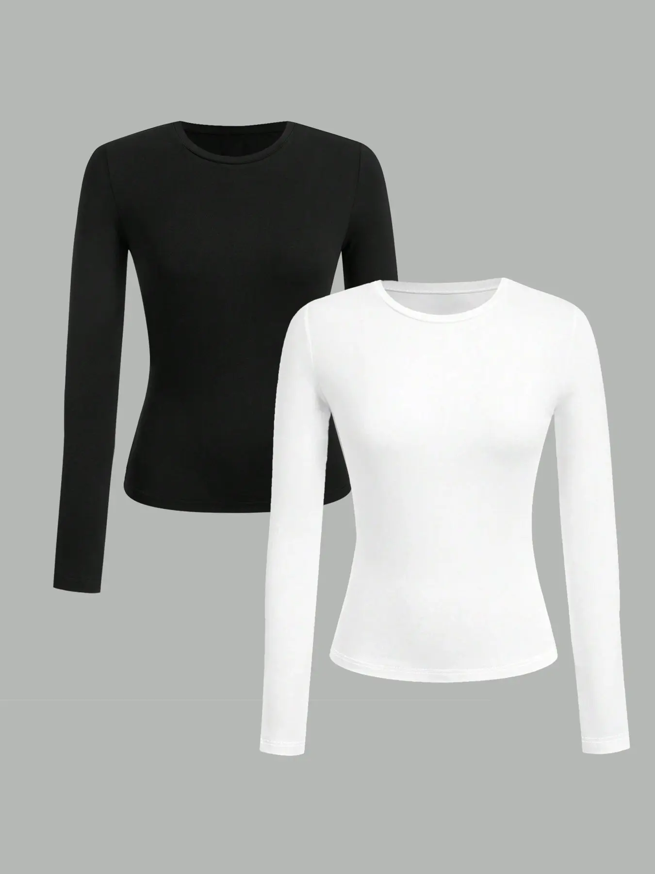 Buttery Soft Stretch Jersey Knit Women Crew Neck Fitted Long Sleeve Layering Top, Lightweight Breathable Solid Color Basic Base Tee, Daily Casual Everyday Wardrobe Essential Slim Long Sleeve T-Shirt, Versatile Basic Everyday Outfit, Black & White 2-Pack S