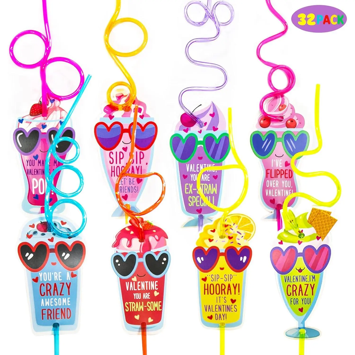 Valentines Day Gifts  Kids - Valentines Day Cards  kids - Set of 32 Crazy Straws Bulk - Valentine Exchange Cards  Girls Boys Toddlers School Class Classroom Party Favors