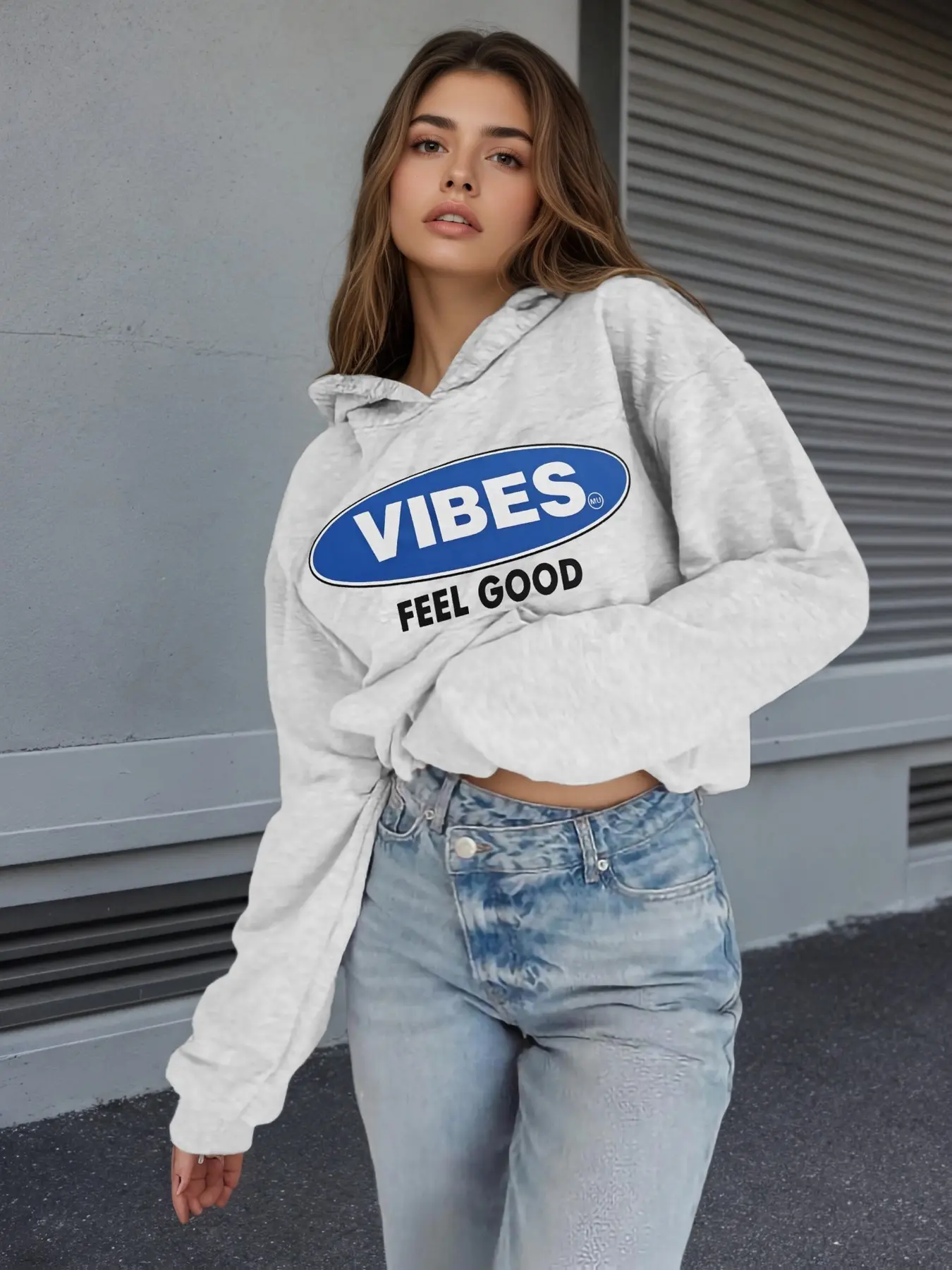 Street Style Hooded Sweatshirt, Bold Letter Pattern, Loose Long Sleeve, Casual Fitted Design, All-Season Women's Outer Vest