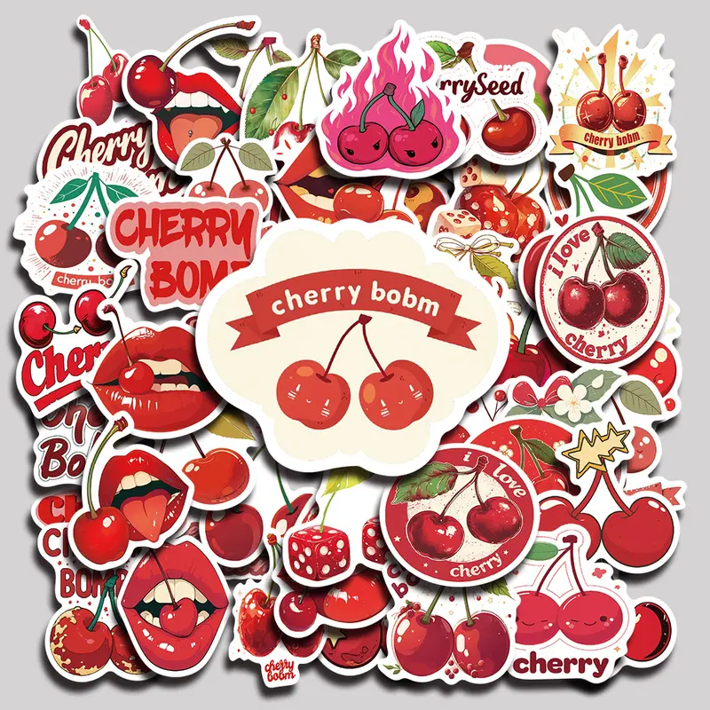 50PCS Cherry Aesthetic Vinyl Stickers Pack for Laptop Water Bottle Phone Case Skateboard Journal Scrapbook DIY Decoration