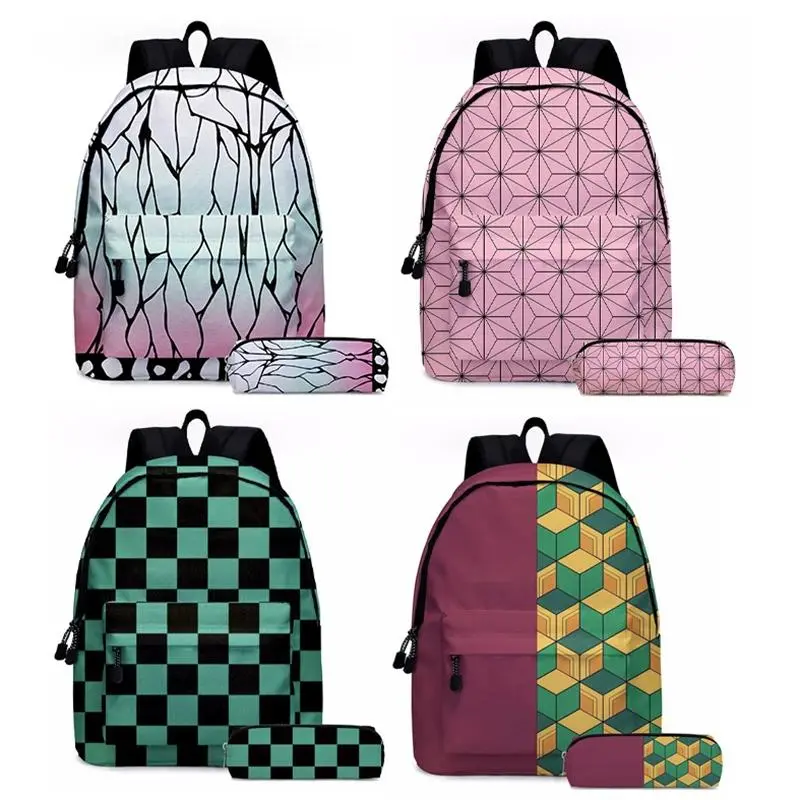 2pcs Set Anime Demon Slayer Series Tanjirou Nezuko Zenitsu Kochou Shinobu Backpack Schoolbag Bag Student Pen Bag Set Gift