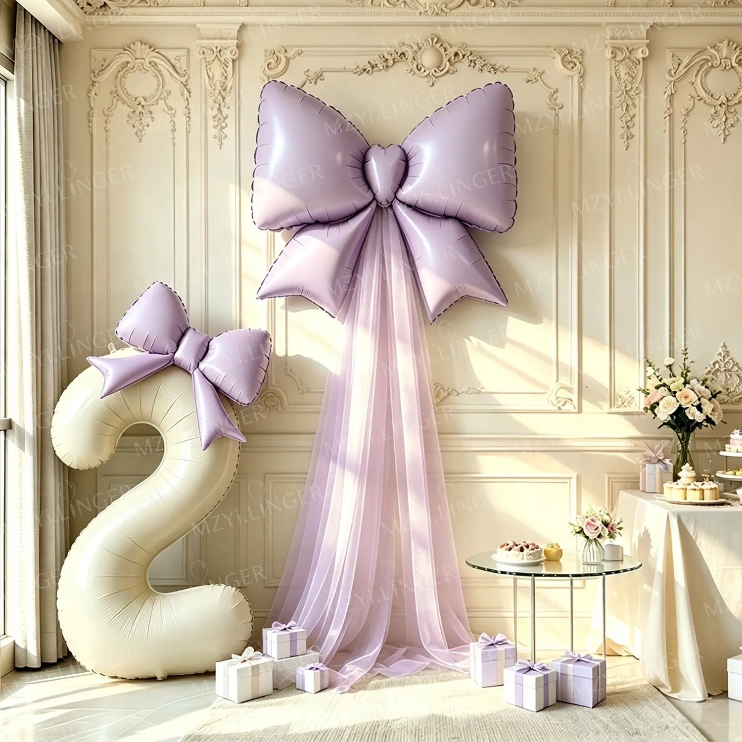 Violet Bow Number Balloons 0-9, Light Mesh Bow Balloons, Ideal for Shower, Anniversary, Birthday Decorations, Photo Props