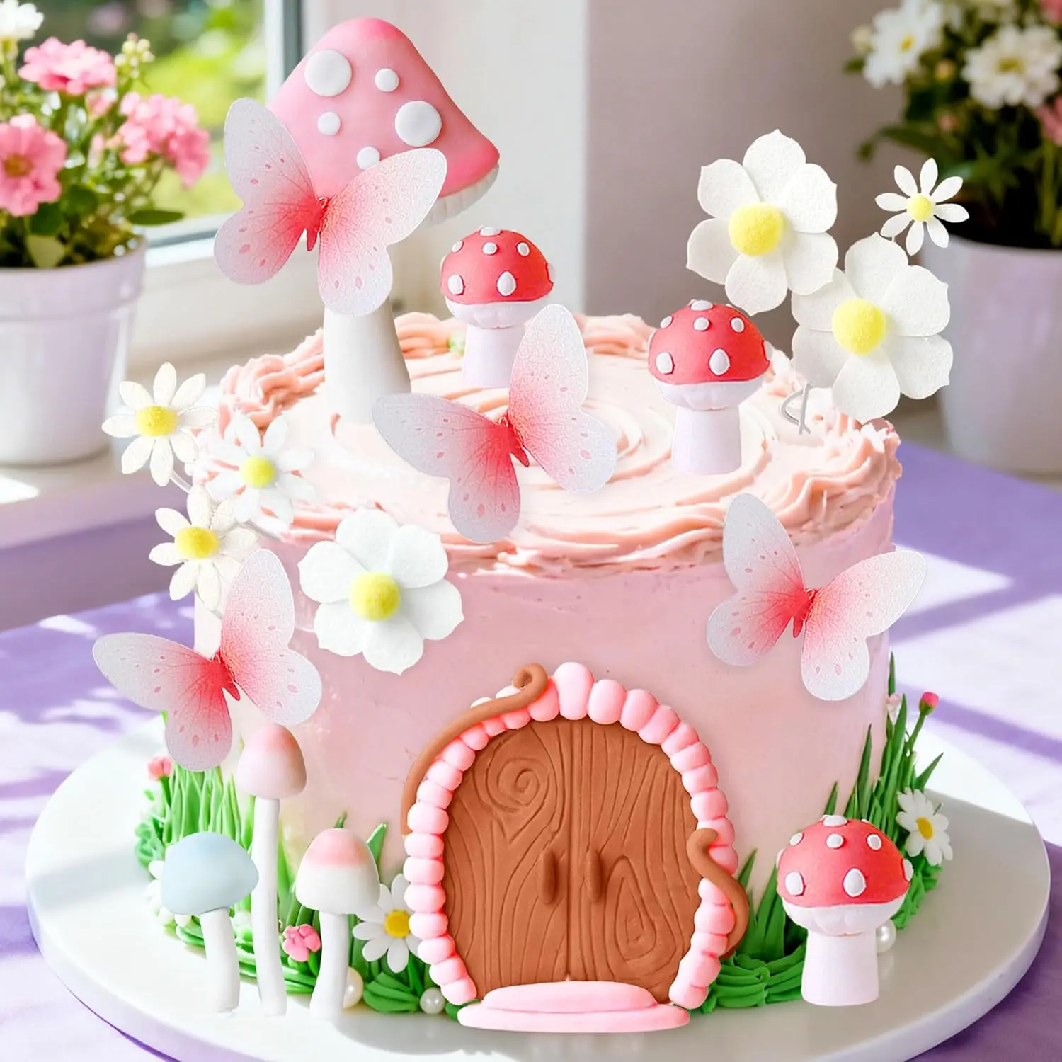 Pink Mushroom Cake Topper Fairy Birthday Party Decorations Forest Fairy Cake Decoration Woodland Mushroom Cottage Bridal Shower Wedding Flower Tea Party Supplies