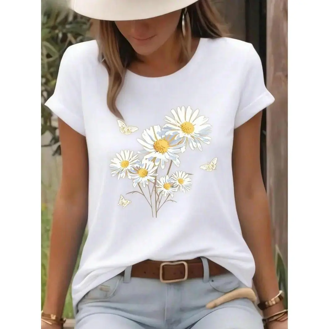 Women's Cotton Soft Round Neck Casual T-Shirt - 2026 White Daisy & Butterfly Print, Fresh Natural Countryside Style, Breathable Lightweight, Perfect for Spring Summer Beach Outfit Inspo