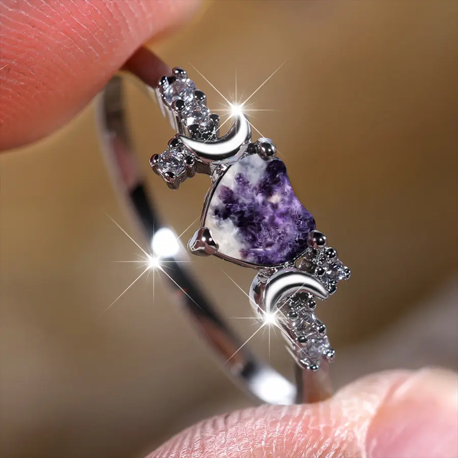 Vintage European American Dark Purple Mist Mineral Heart Ring, Dreamy Amethyst Textured Unique Finger Jewelry For Women