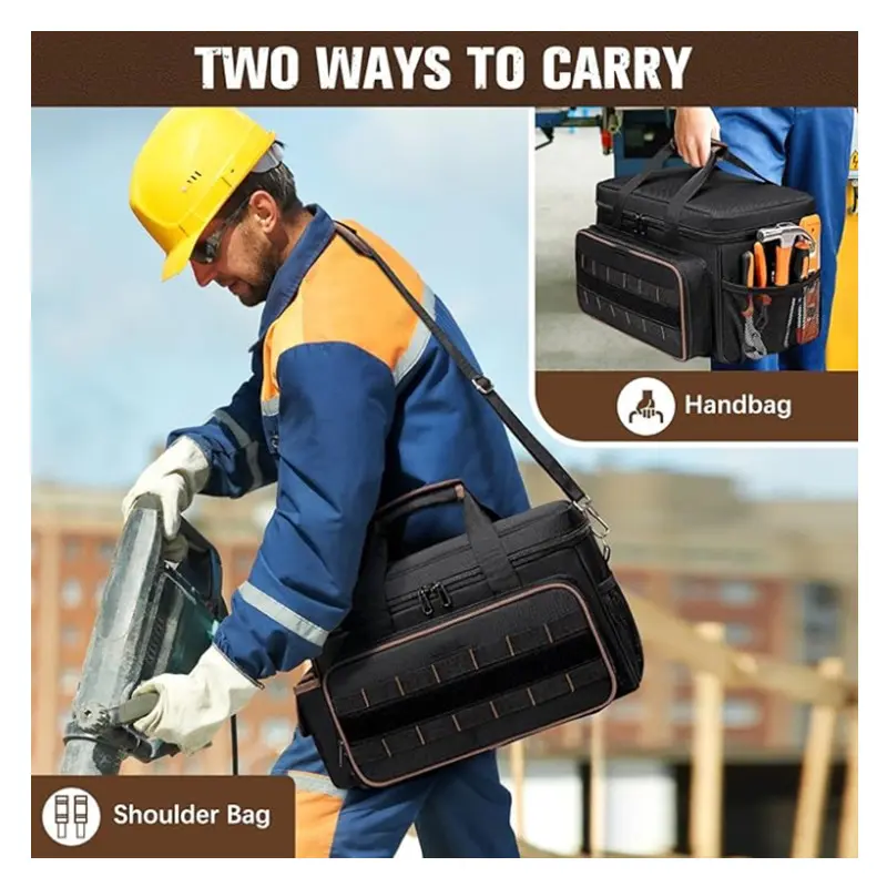 Heavy Duty 17 Inch Oxford Tool Bag – Large Capacity Portable Tote with Multi-Pockets, Padded Handle & Adjustable Shoulder Strap, Waterproof Storage for Electricians, Carpenters, Handymen – Black Coffee, 43.2 x 26.9 cm