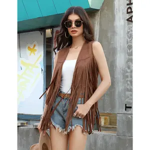 YF Women Faux Suede Long Fringe Vest, Sleeveless Open Front Western Cowgirl Hippie Waistcoat, Boho Street Layering Outerwear for Music Festival Halloween Costume Party Christmas, Spring Fall Cardigan Gift for Her Brown Black Multiple Sizes