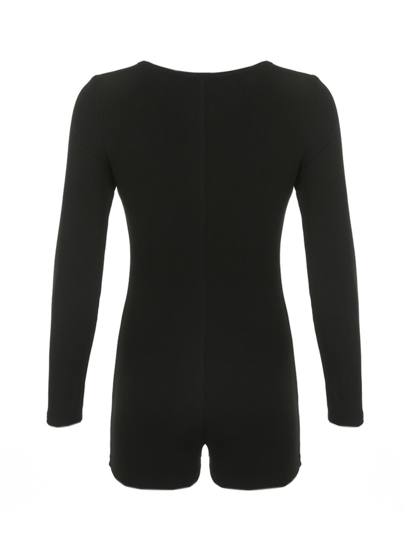 Women's Sexy Tight Hollow Out Scoop Neck One-piece Romper, Minimalist Street Fashion Solid Romper for Lady, Fall Clothes, Ladies Clothes for Spring & Summer, Womenswear Rompers for Party Club, Women's Clothing, Longsleeves