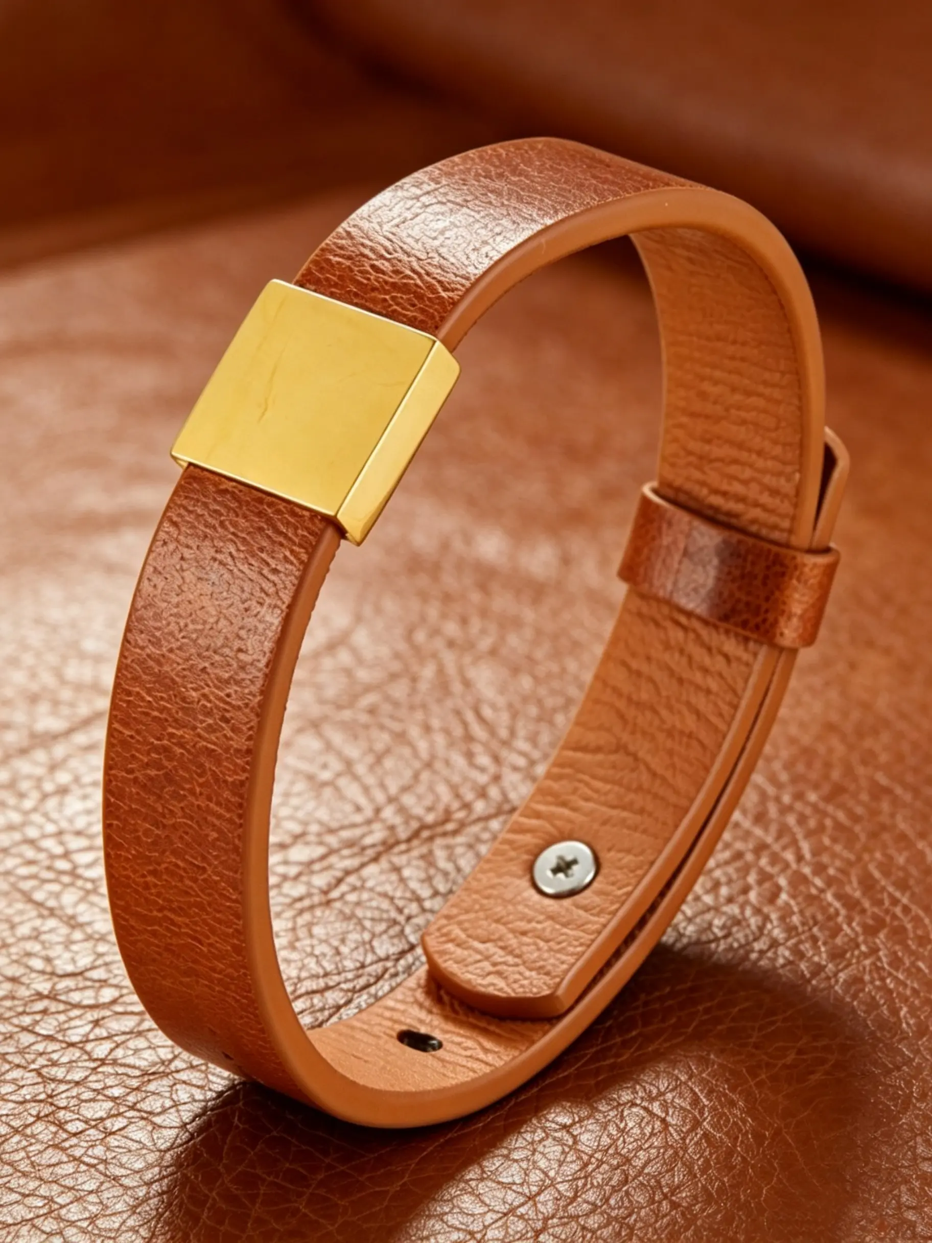 Brown Leather Bangle Bracelet for Men and Women, Gold Color Square Buckle, Adjustable, Punk Style, Geometric Pattern, All Seasons Gift