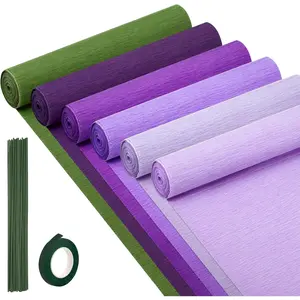 6 Rolls Crepe Paper Streamers Flower Making Kits, 10 Inch x 8 Feet, with Floral Tape & Stem Wire, Suitable for Birthday Party Wedding, Purple-Green
