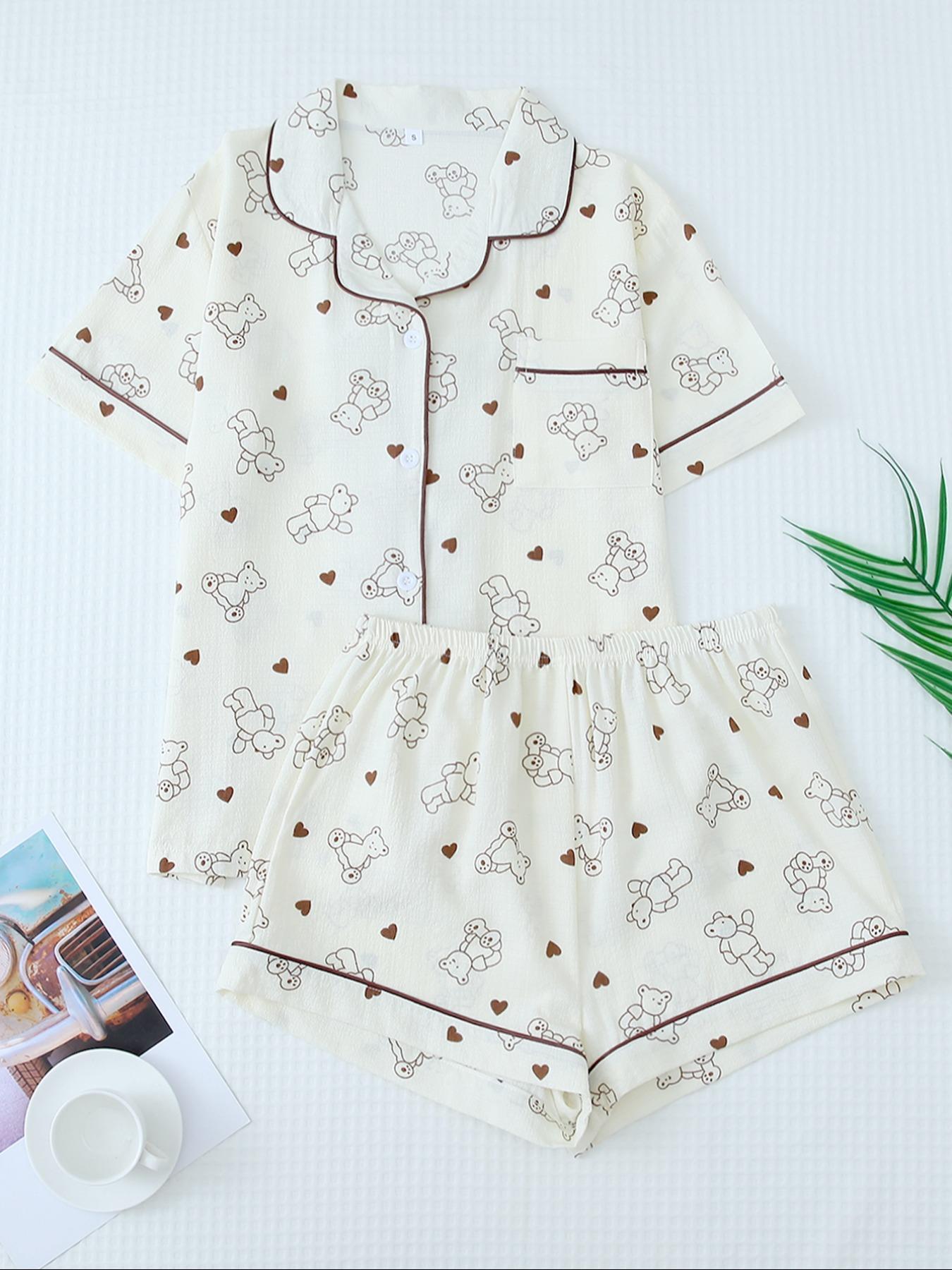 Women's Cartoon Bear Print Lapel Pocket Shirt & Elastic Waist Shorts Loungewear Set, Button Front Short Sleeve Top & Shorts PJ Set, Casual Comfy Pyjama Set Homewear for Women