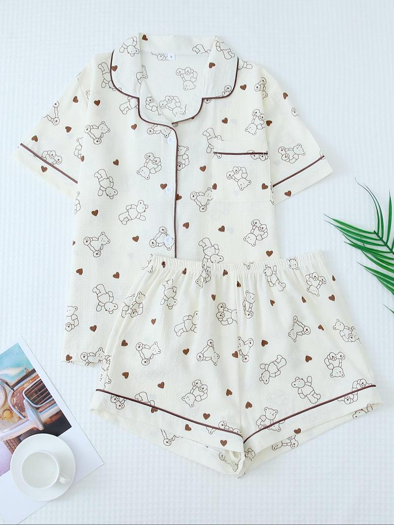 Women's Cartoon Bear Print Lapel Pocket Shirt & Elastic Waist Shorts Loungewear Set, Button Front Short Sleeve Top & Shorts PJ Set, Casual Comfy Pyjama Set Homewear for Women