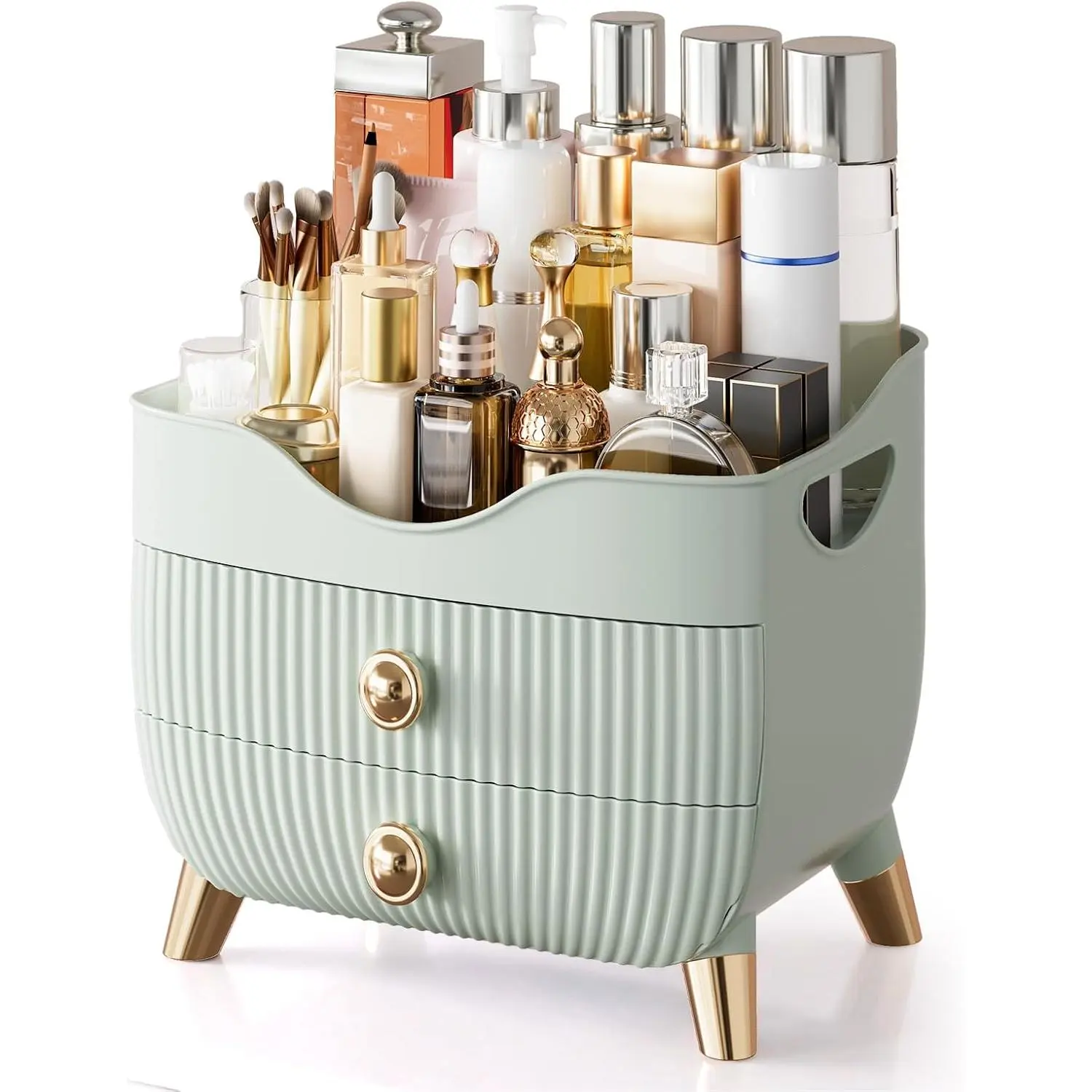 Makeup Organizer Countertop, Large Capacity Skincare Organizer for  |  Organizer with Drawes & Handle,  Display Cases Storage Box for Dresser, Bathroom, Gifts for Women(Green)