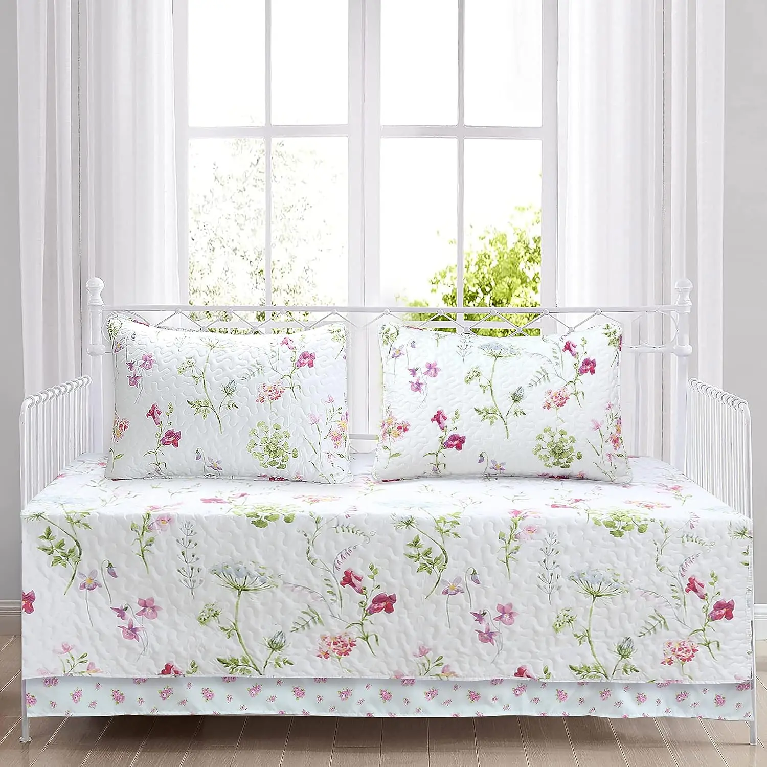 4 Piece Daybed Cover Set - Carlotta Light Pink Blue Flower Bloom Floral Garden Reversible All Season Luxury Bedding with Bedskirt, Pillow Shams