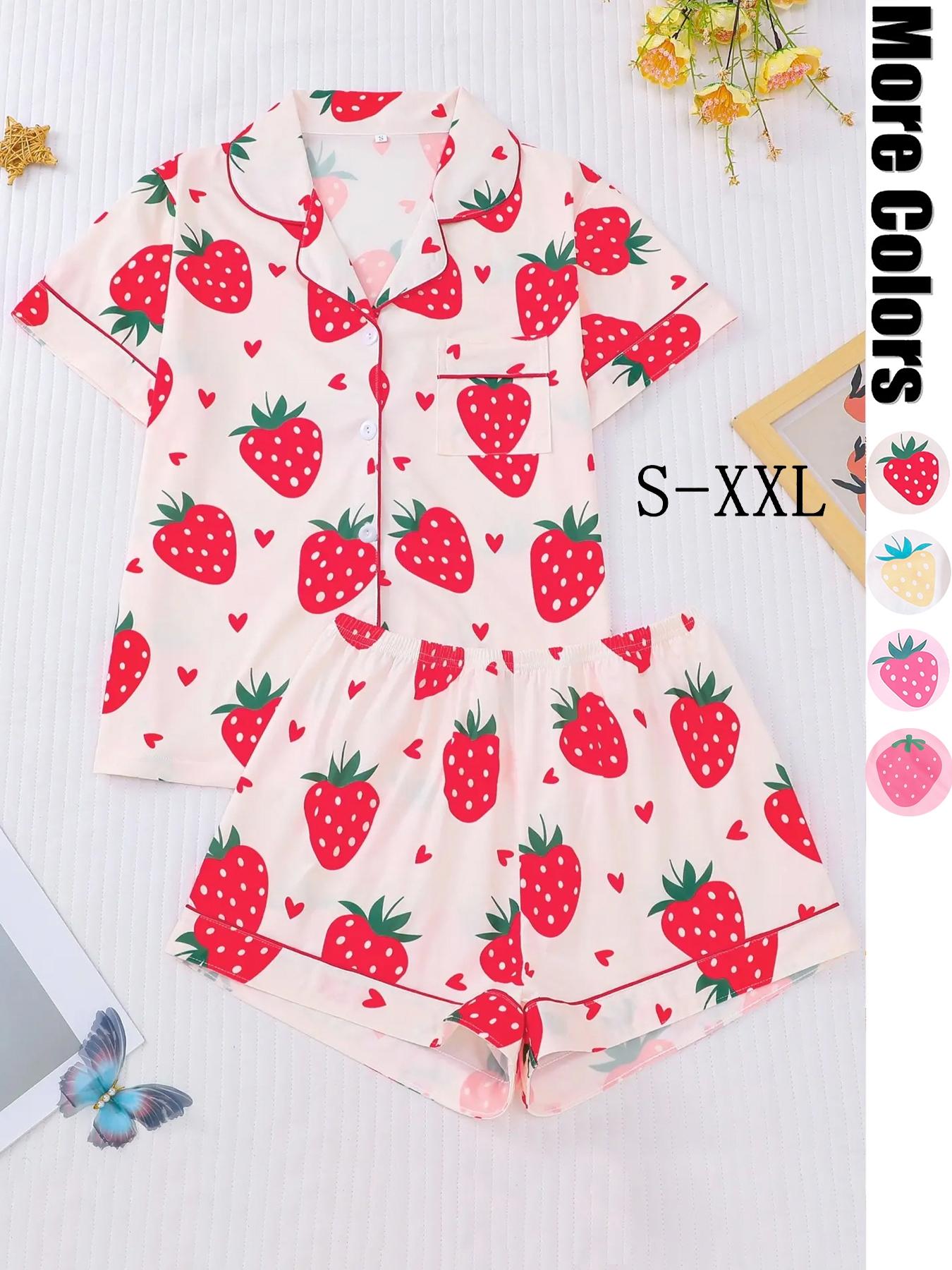 Women's All Over Strawberry Print Short Sleeve Pajama Two-Piece Set, Regular Fit Comfy Button Front Chest Pocket Lapel Neck Top & Elastic Waist Shorts, Sleepwear for All Seasons, Nightwear Sleepwear Homewear