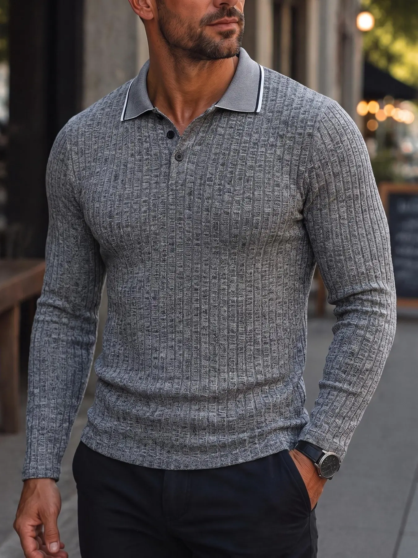 Men's Business Casual Fitted Long Sleeve Polo Neck Sweater, Comfortable Textured Knit Turn-Down Collar Top, Daily Commute Pullover