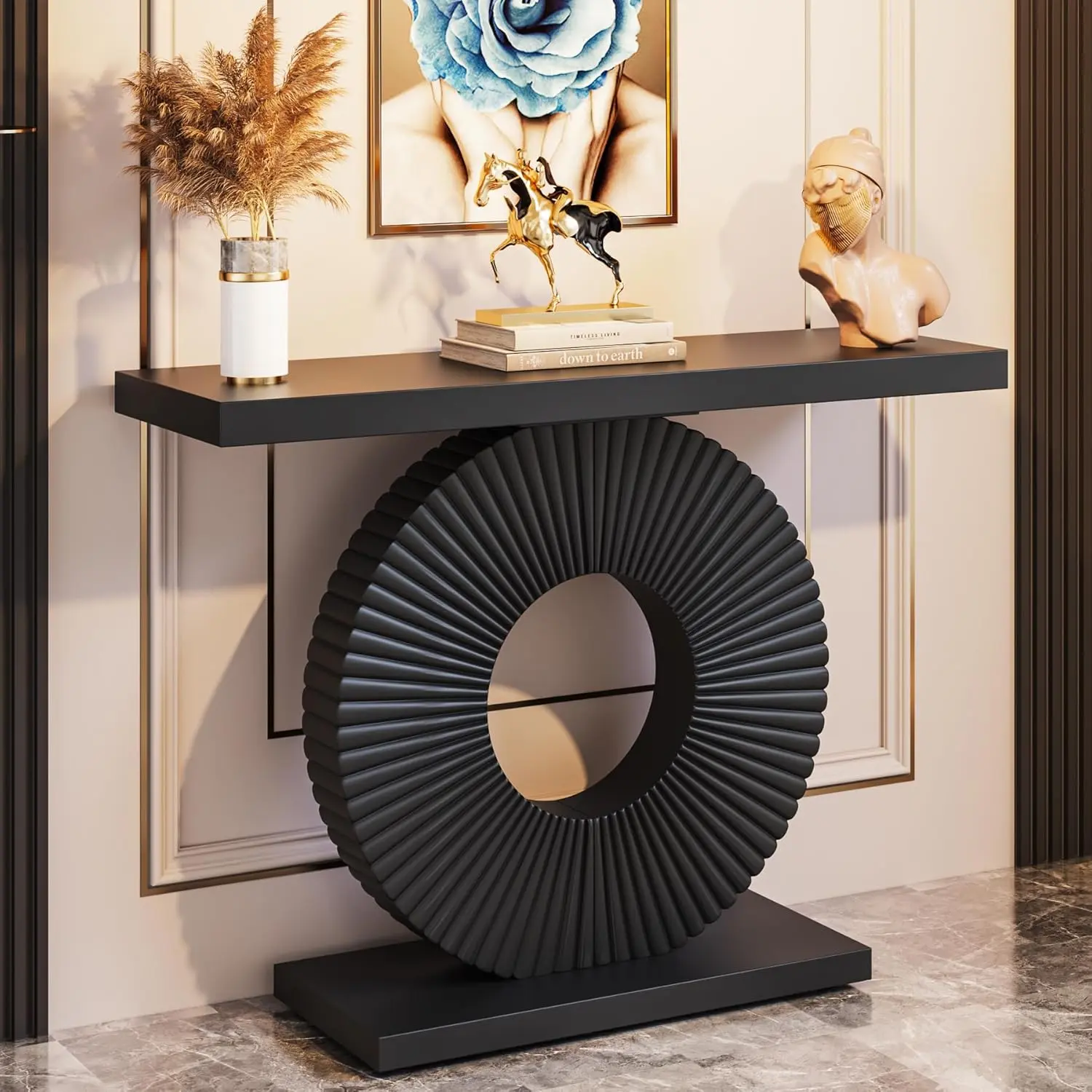 LustreC 40-in Wood Console Table with Geometric Base - Narrow Long Contemporary Accent Table for Living Room, Entryway