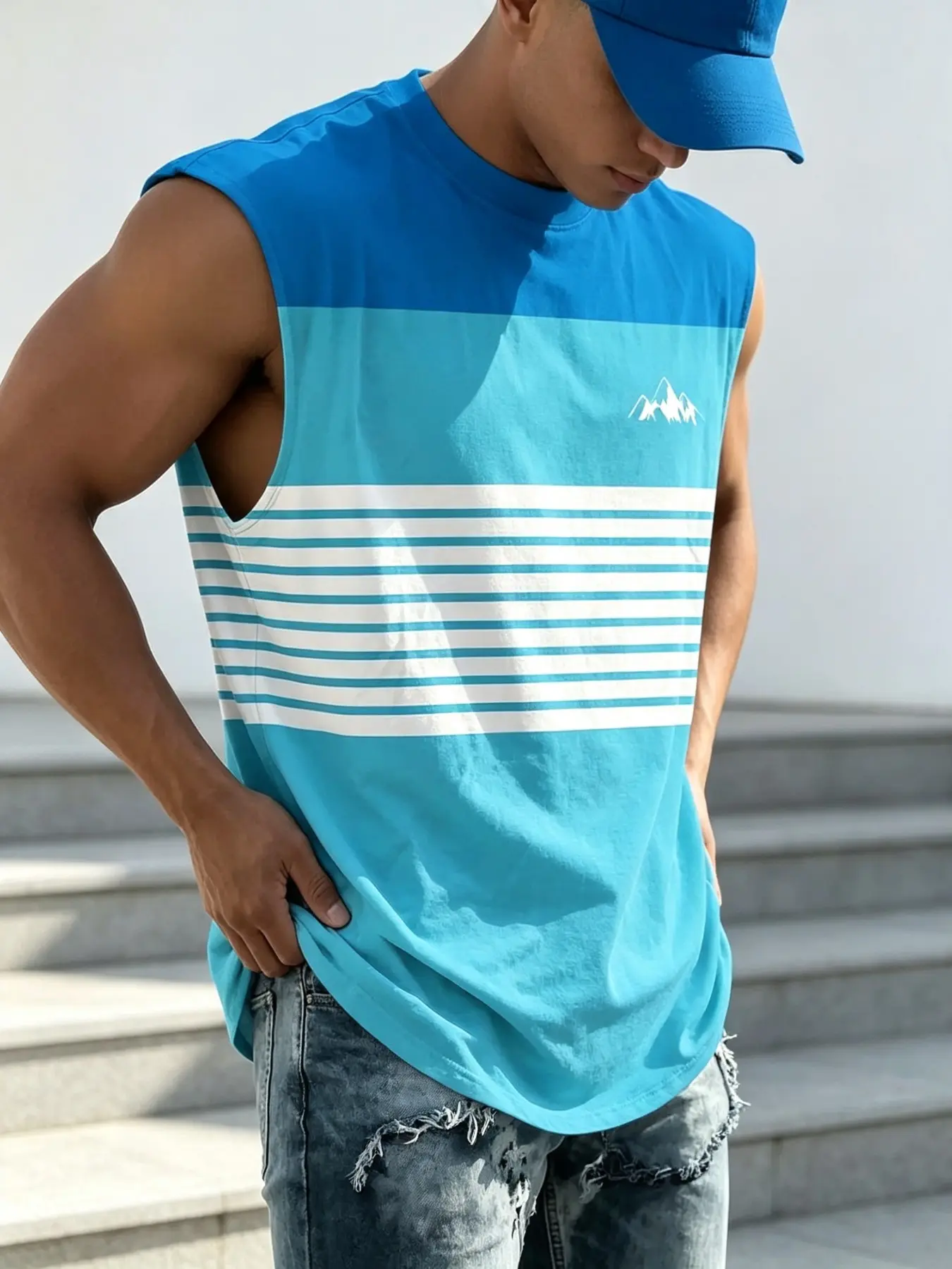Men's Sleeveless Peak Pattern Vest, Island Style, Blue Tone Stripes, Soft Sweat-Wicking Fabric, Casual Fitness & Leisure Wear