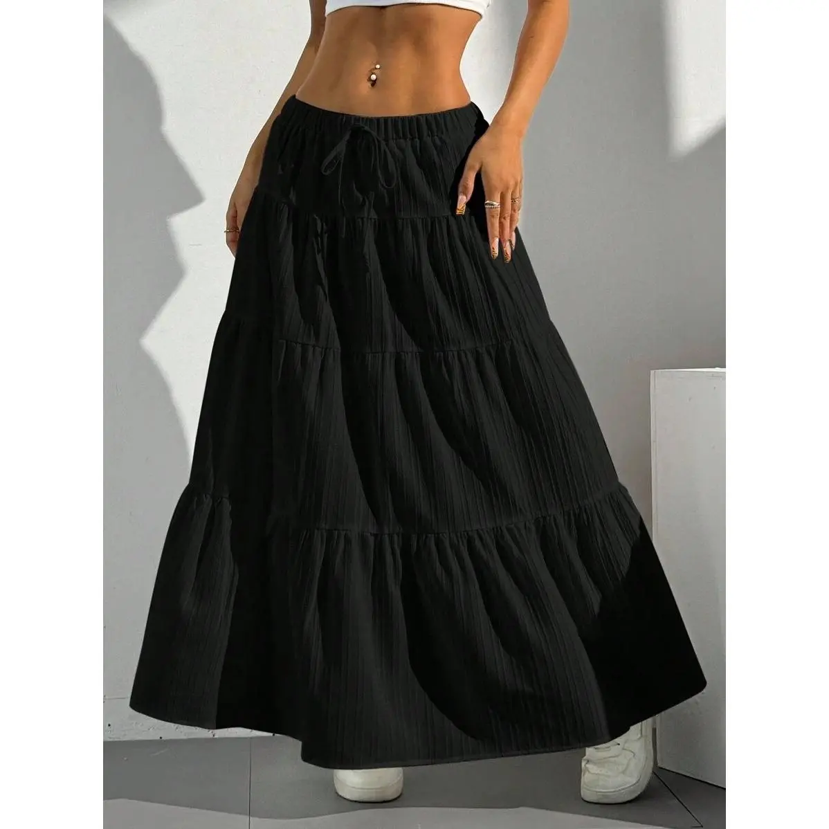 Women's Boho Tiered Maxi Skirt - Elastic High Waist Drawstring, Flowy A-Line, Pleated Ruffle, Lightweight Basic Bottom with Drape & Elegance for Summer Casual Beach Wear, Vintage Fairycore Solid Swing Skirt