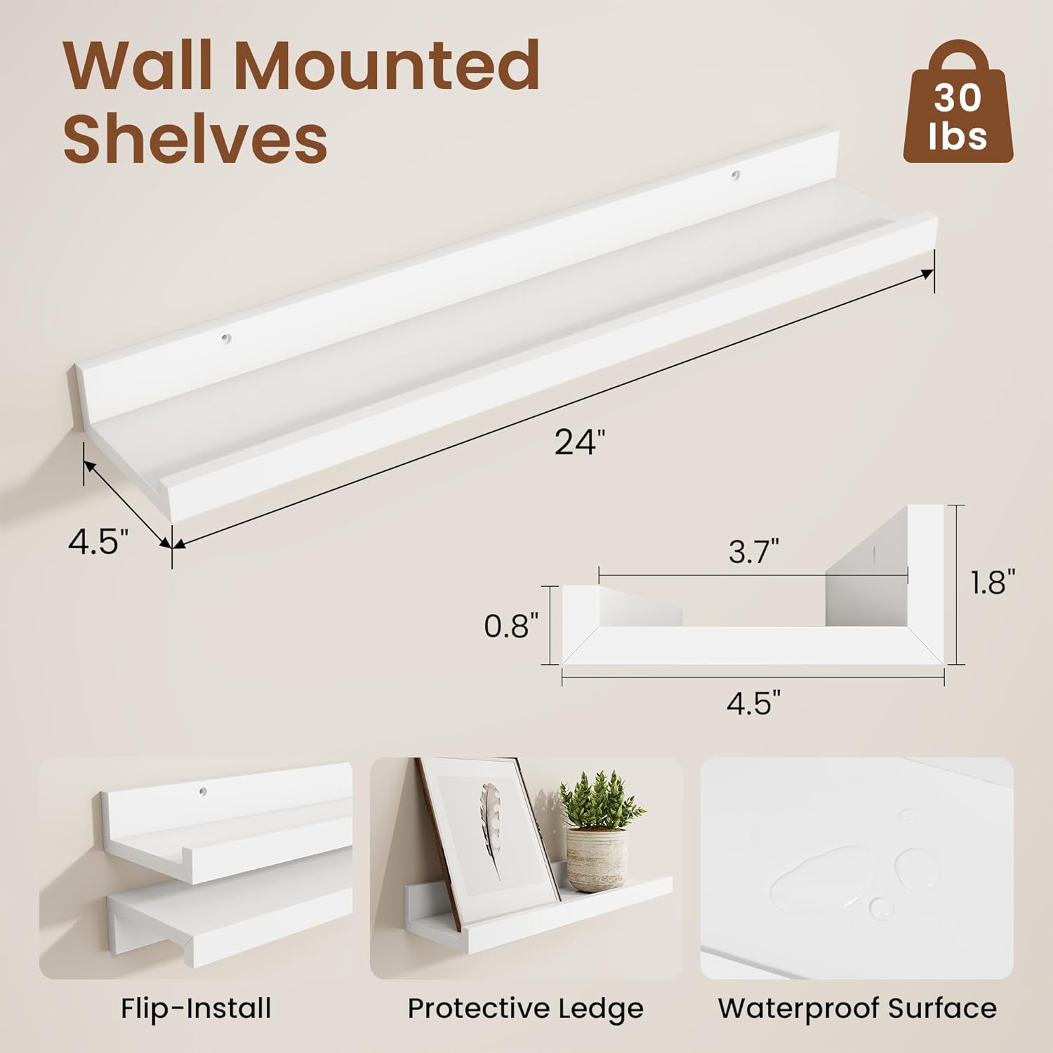 Picture Ledge Shelf,24 inch Long Floating Shelves for Wall Set of 2,White Picture Shelf with Lip for Wall Decor,Living Room,Bedroom,Bookshelf,Nursery,Perfu