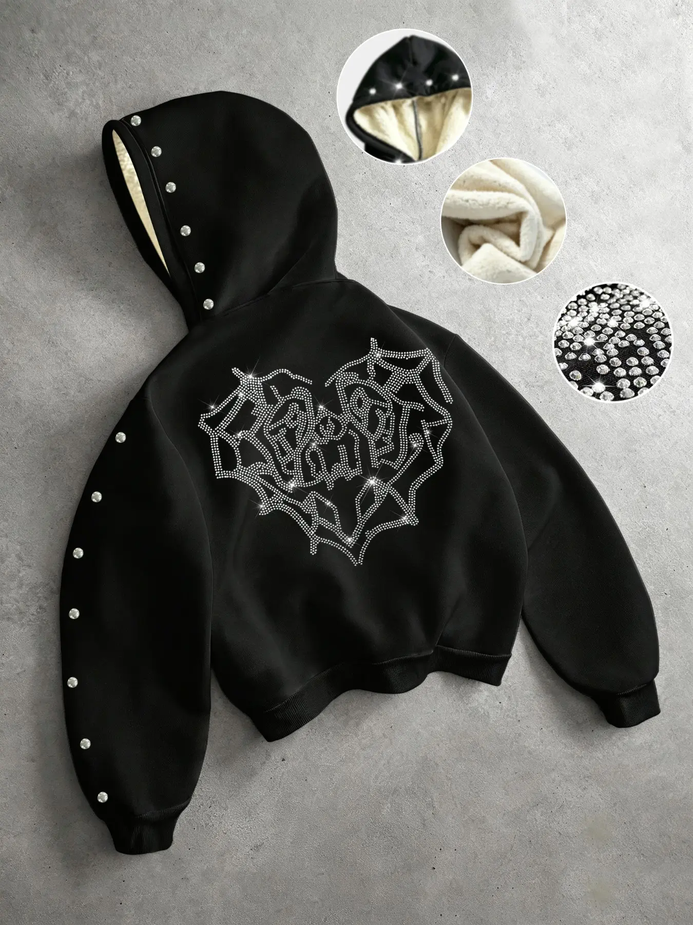 Men's Retro Gothic Hoodie, Rivet Design, Heart Back Patch, Thick Fleece Lining, Silver Color Rivets, Y2K Street Style, Winter Sweatshirt