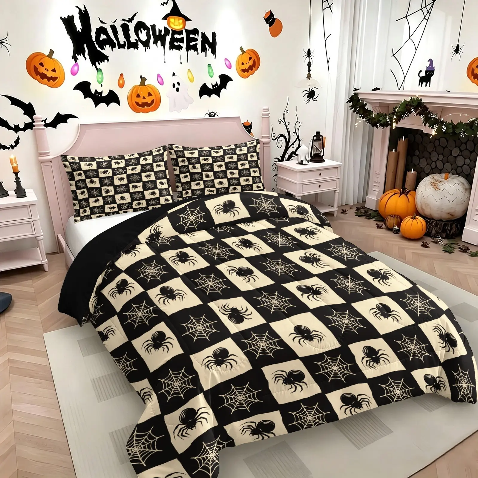 Halloween Checkered Spider Web Comforter Set, Gothic Bedding Set, Soft Breathable Comfy, Spooky Holiday Gift Quilt for Teens Young Adults Home Decor, 1 Quilt & 1/2 Pillowcases, No Pillow Insert
