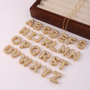 Personalized 14k Gold Plated Necklace Shiny Cubic Zirconia A-Z Letter Pendant Bubble Balloon Dainty Chunky Initial Charm Pendant Necklace Festivals, Birthdays Gift