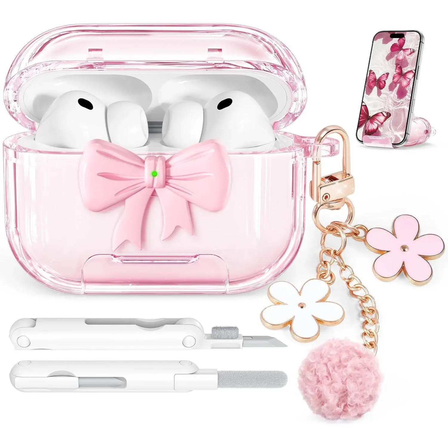 for AirPods Pro 3 Case 2025, with Safety Lock & Phone Stand for AirPods Pro 3 Generation Case Cover for Women Girly with Chain,Clear Pink