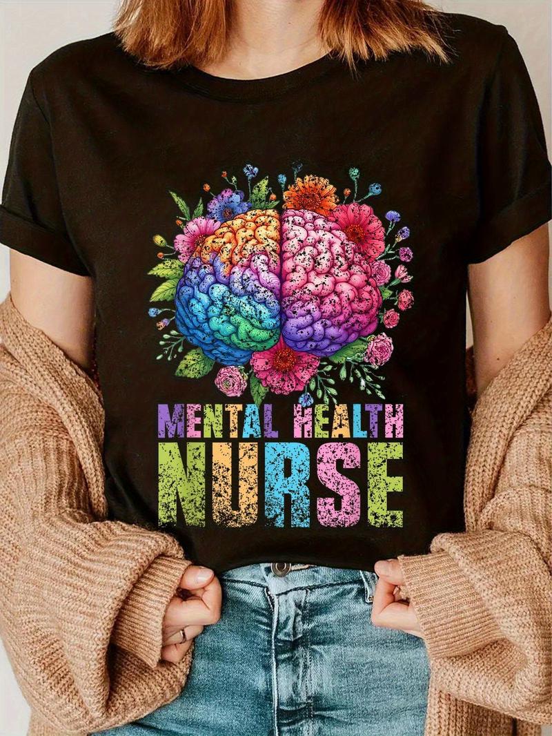 Women's Black Short Sleeve Crew Neck T-Shirt 100% Cotton Mental Health Nurse Floral Brain Design Distressed Style Graphic Tee