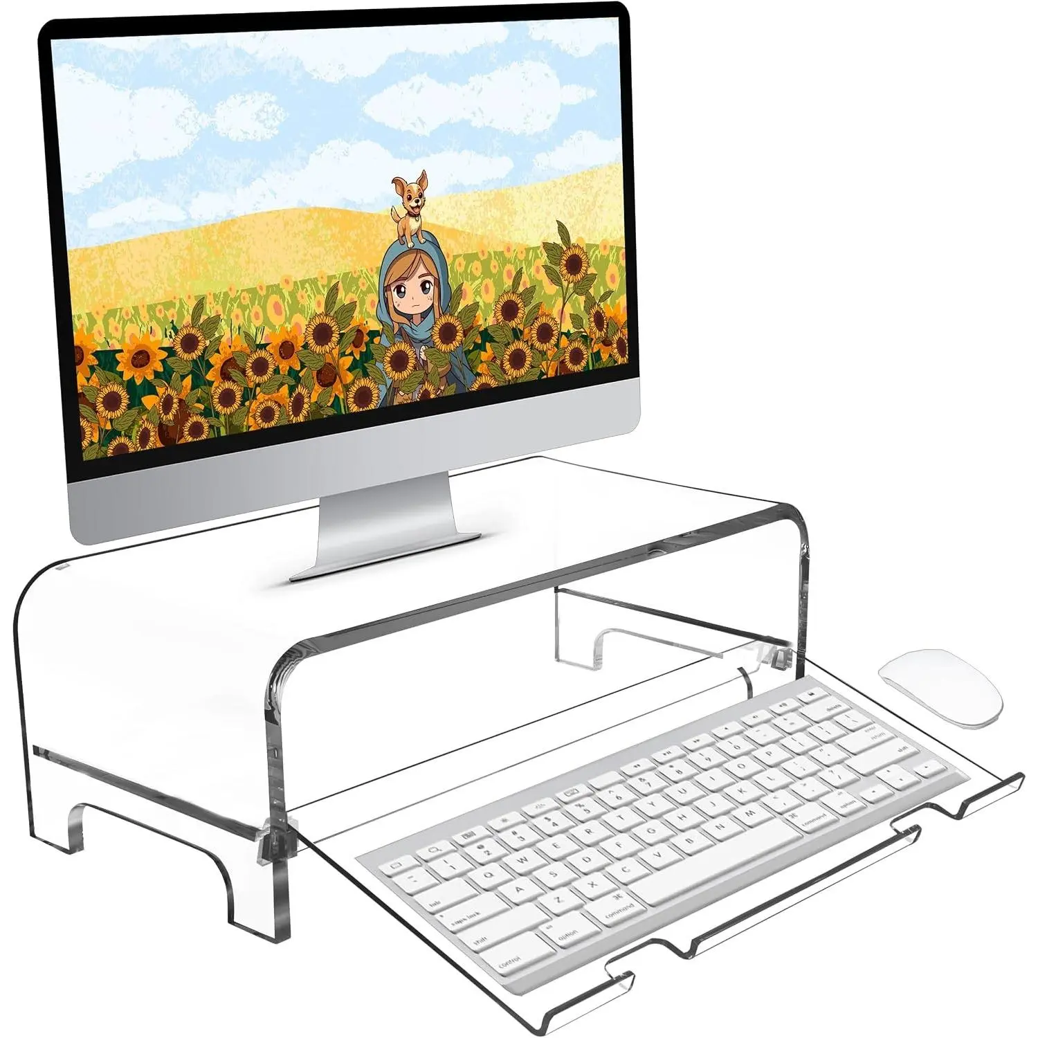 2 Tier 5.7 Inch High Acrylic Laptop Monitor Stand & Computer Riser with Cat Keyboard Protector, Space-Saving Design, Extra Storage, Clear Shelf - Ideal for Monitors, Laptops, Printers, Desktop
