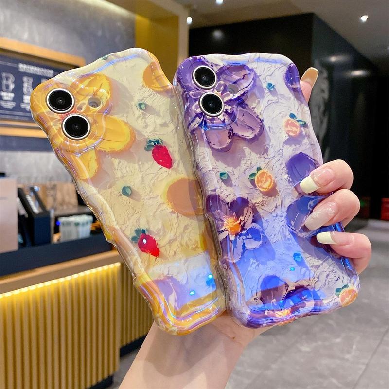 Colorful Retro Oil Painting Printed Flower Laser Glossy Case for iPhone 17 Pro Max 16 15 14 13 Cute Curly Wave Edge Exquisite Phone Cover Stylish Durable TPU Protective Case for Girl Women