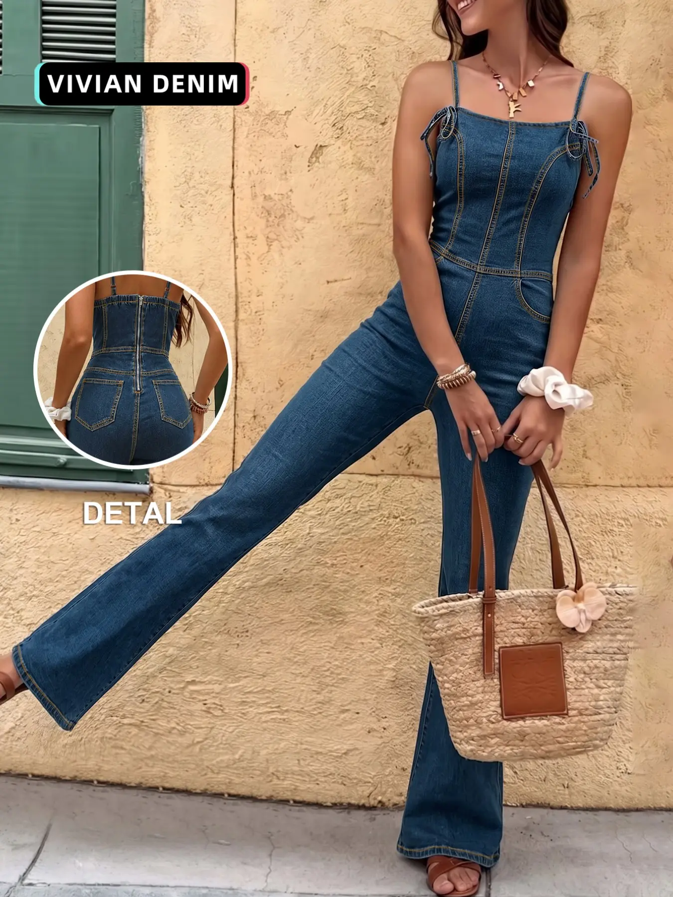 Y2K Aesthetic Tie Detail Spaghetti Strap Denim Overall, Women Square Neck Slimming Flare Leg Bodycon, Dark Wash Sleeveless Jean Jumpsuit