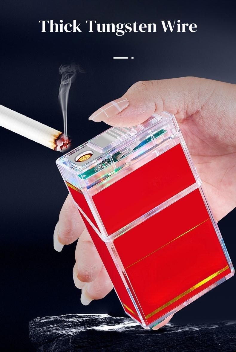 Transparent box lighter, tungsten wire lighter, rechargeable windproof lighter, USB rechargeable lighter, soft and hard shell compatible, box rack that can hold 20