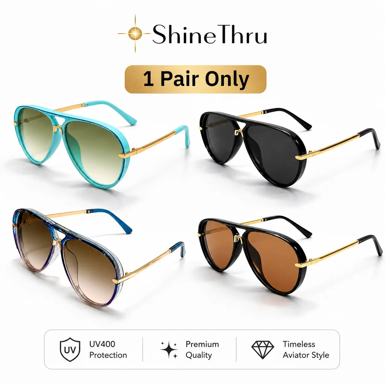 ShineThru Women's Aviator Sunglasses Gold Trim Black Frame UV400 Protection Lightweight Pilot Style Trendy Designer Eyewear Fashion Accessories