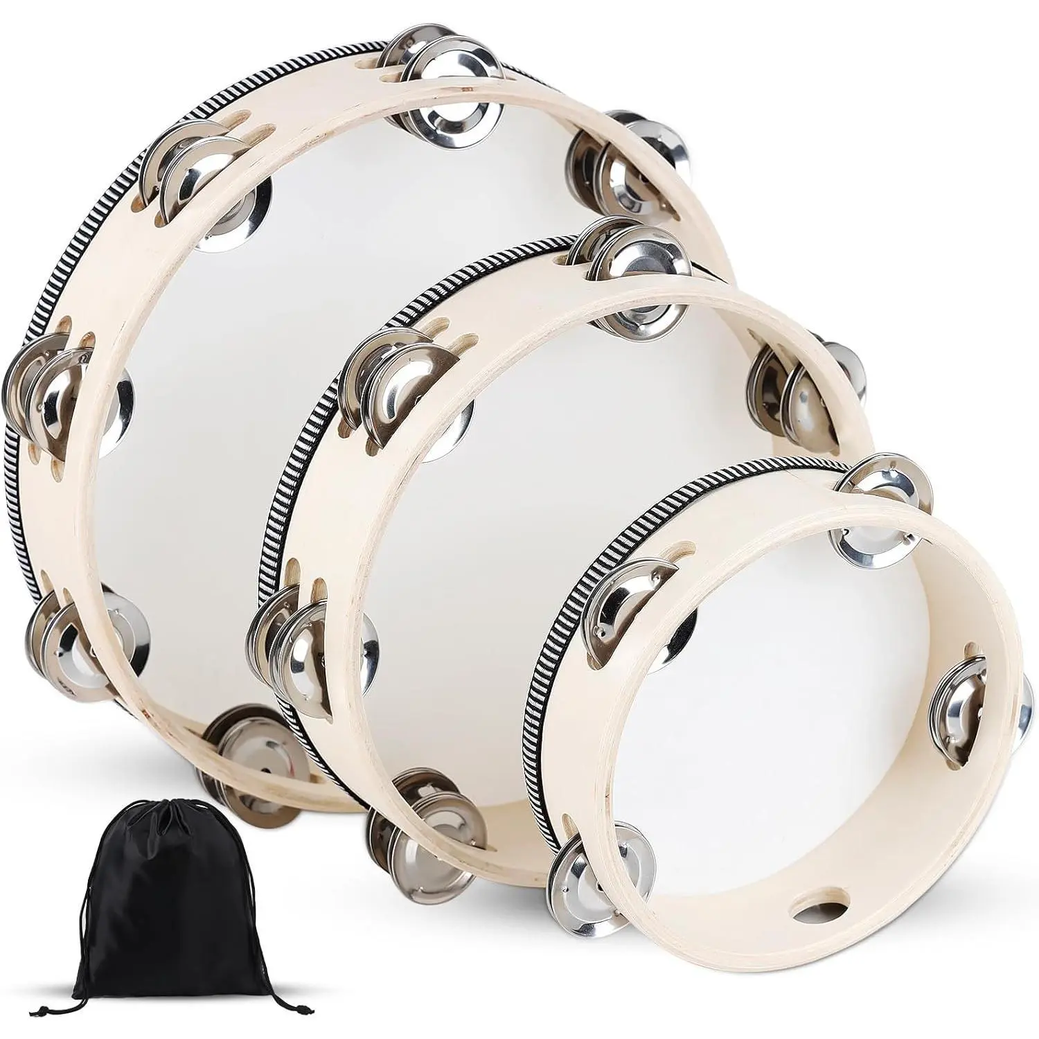 Wooden Hand Held Percussion Tambourine with Storage Bag - 6+8+10 Inches, Ideal for Church, Wedding, Party, Dance, Photo Shoot