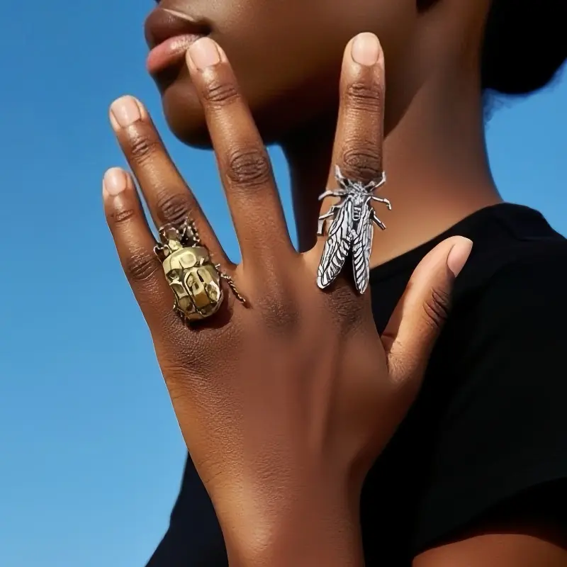 Vintage Geometric Insect-Shape Open Rings for Women - Animal Motif Cicada & Beetle Punk Finger Jewelry with Metal Coating, Gifts for Her