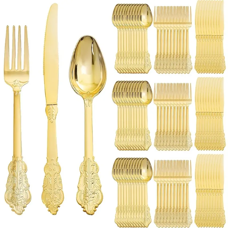 60 pieces of heavy-duty vintage gold cutlery, gold party knives, forks, and spoons, suitable for weddings, birthday parties, graduation celebrations, anniversaries, outdoor camping, and parties, durable tableware