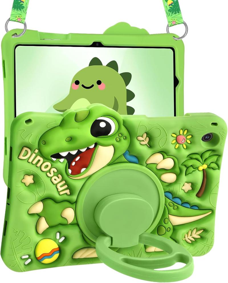 3C9-PHP016  for iPad A16 Case/10th Generation Case - Green Dinosaur Cool for Boys Girls Teens Soft Silicone Cute with Shoulder Strap & Rotating Stand Case for iPad A16 11th Generation 11 Inch 2025