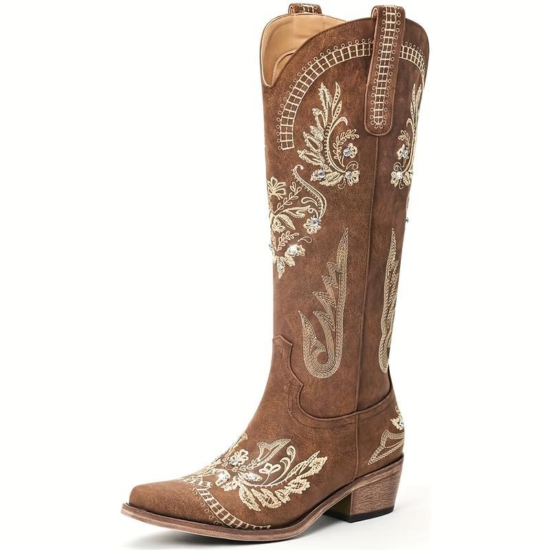 Brown Women's Cowboy Boot-Wide Calf Knee-Length Women Cowboy Boot, Shiny Shiny Rhinestone Western Country Boots, Classic Embroidery, Pointed Zipper Vintage Fashion High Leg Boot