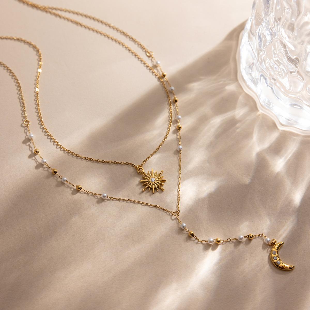 Sun & Moon Pendant Necklace, Double Layer Pearl Choker, Anti-Tarnish