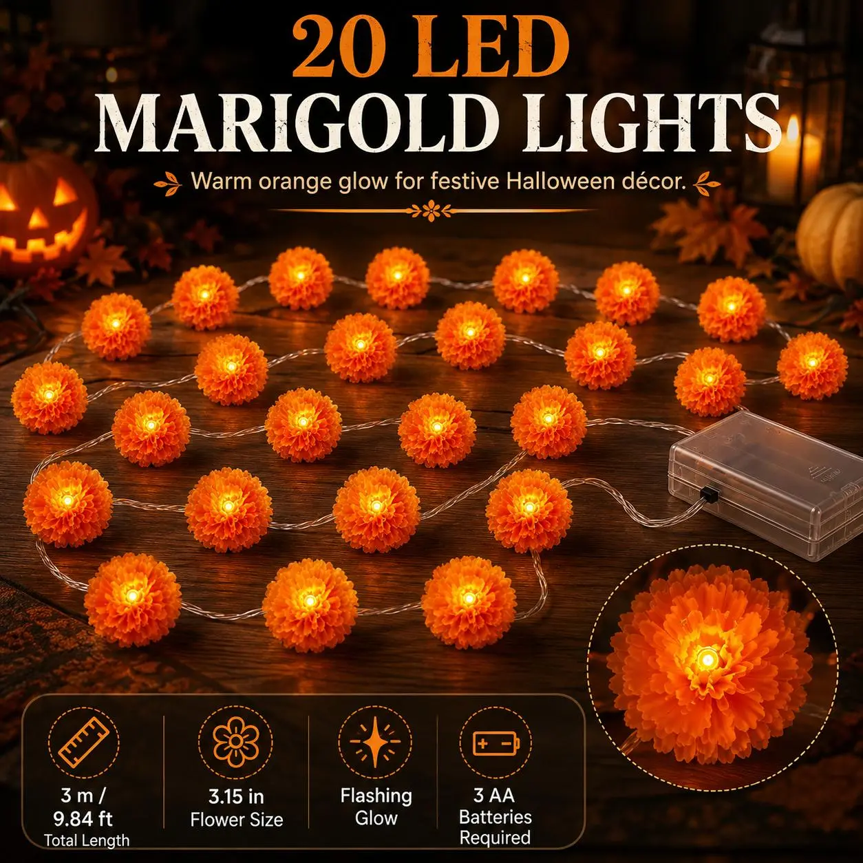 20 LED Marigold Flower String Lights, 3M Battery Operated Orange Cempasuchil Garland with Flashing Mode, Day of the Dead Ofrenda Altar Decor, Halloween Fall Mantel Party Home Decorations, Battery Not Included
